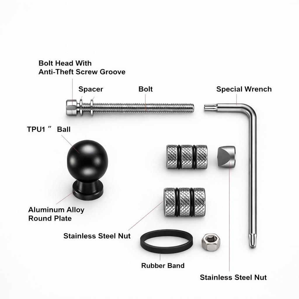 Set of hardware components including a bolt, washer, nut, and wrench on a white background.